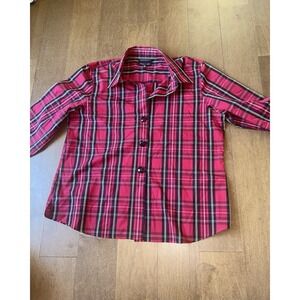 Foxcroft Shirt Red & Black Plaid 18 Flip Cuff Wrinkle Free Fitted Grunge Office